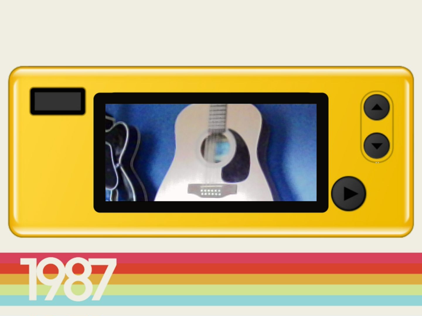 A yellow mini camera with a viewfinder trained on an acoustic guitar. Under it is a rainbow stripe with 1987 emblazoned on it