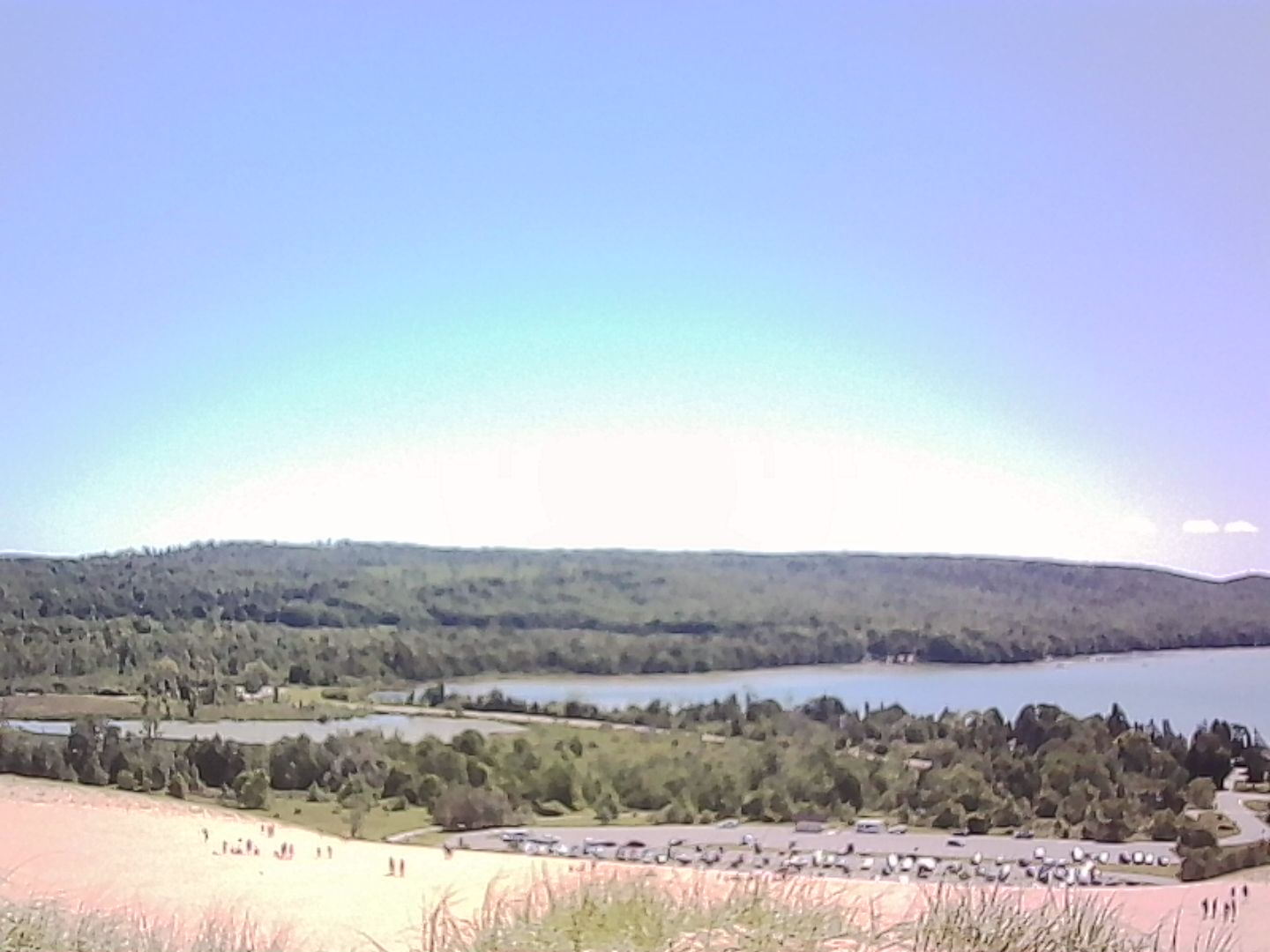 Parking lot and another lake in the distance taken from the top of the dune.